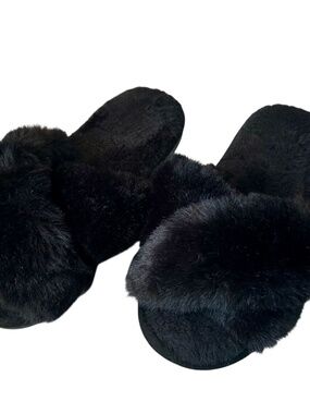 Black Fuzzy Crossover Strap Plush Slipper Size 40 - 41 US 9.5 - 10.5 Large